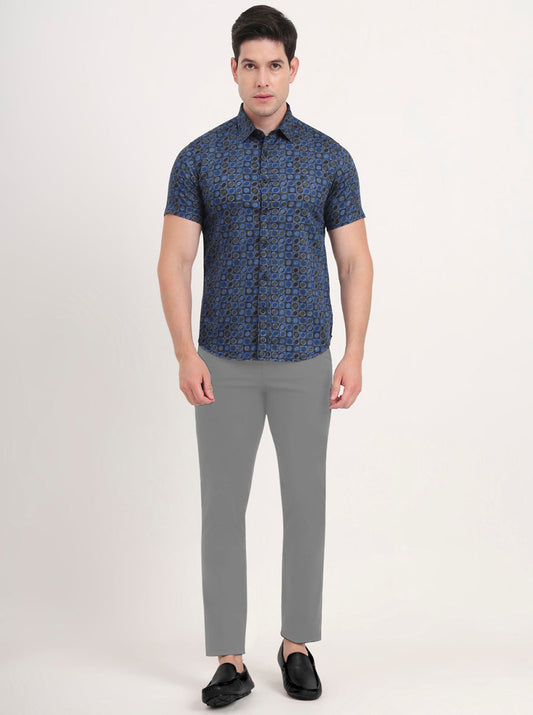 Blue Printed Slim Fit Casual Shirt | Greenfibre