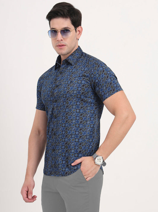 Blue Printed Slim Fit Casual Shirt | Greenfibre