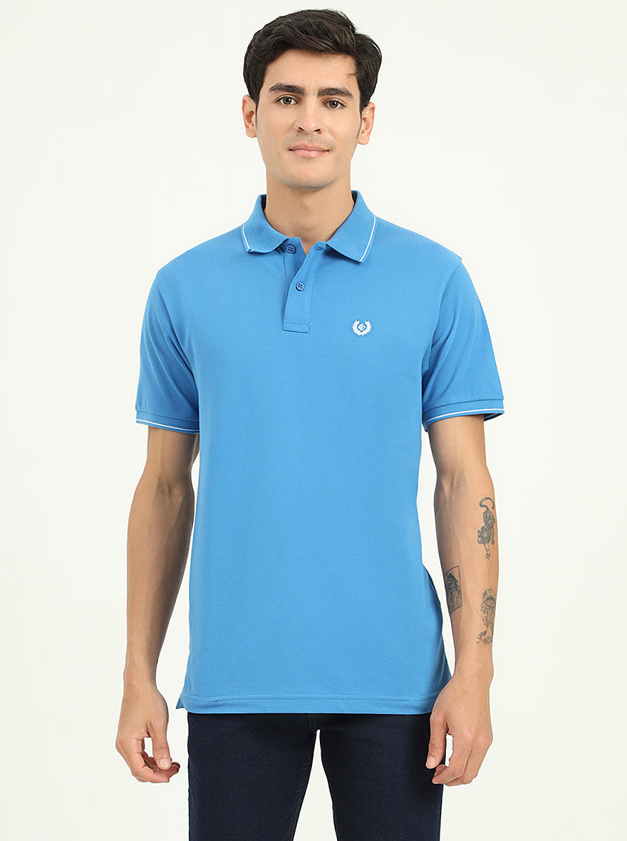 Sea Blue Solid Slim Fit Polo T-Shirt | Greenfibre