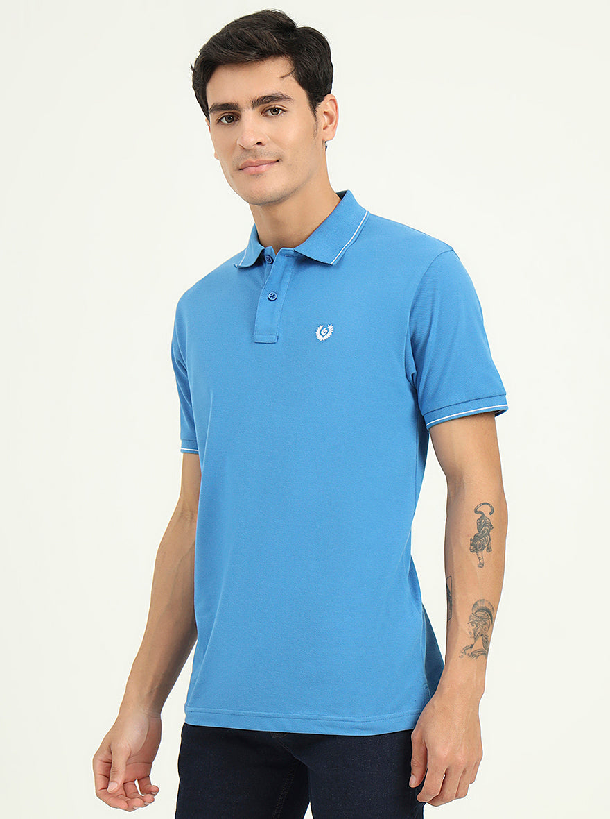 Sea Blue Solid Slim Fit Polo T-Shirt | Greenfibre