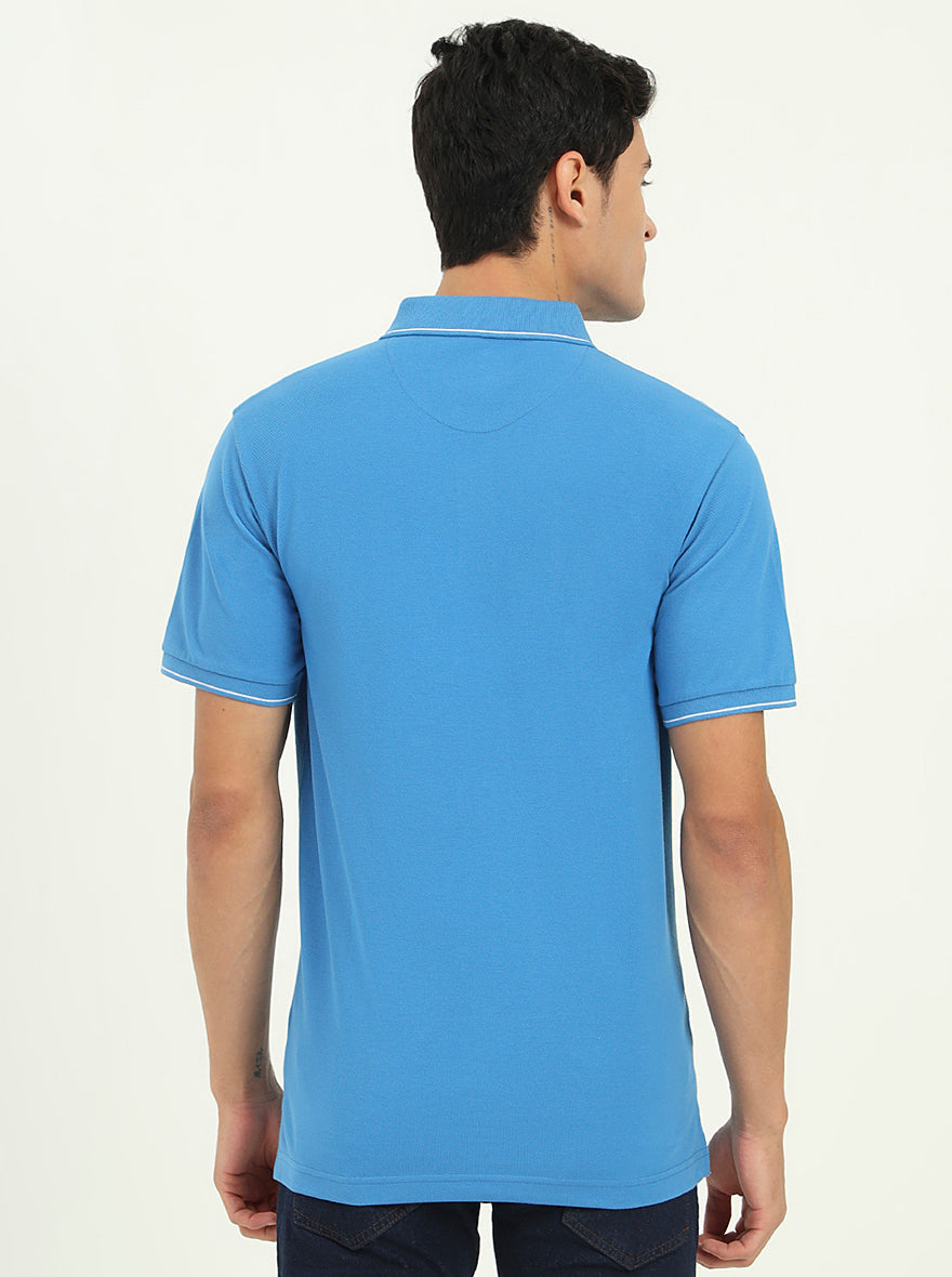 Sea Blue Solid Slim Fit Polo T-Shirt | Greenfibre