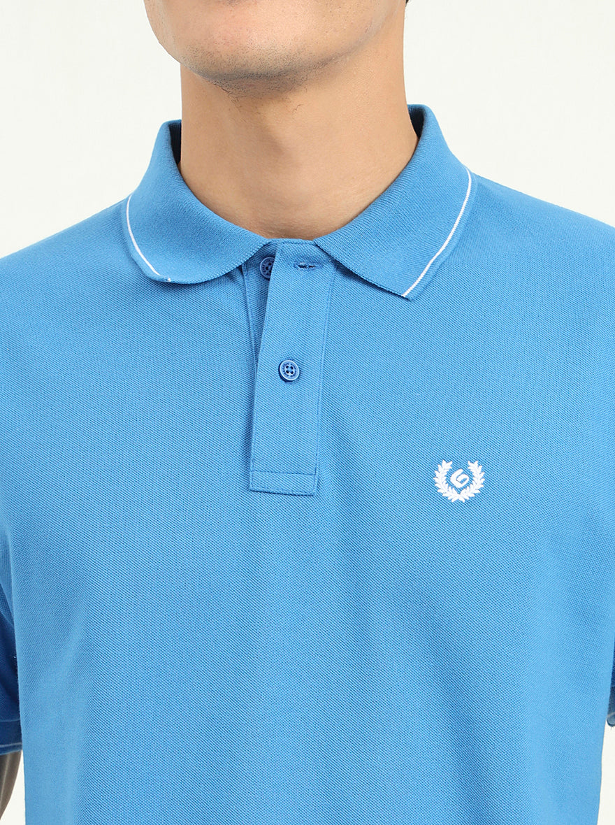 Sea Blue Solid Slim Fit Polo T-Shirt | Greenfibre