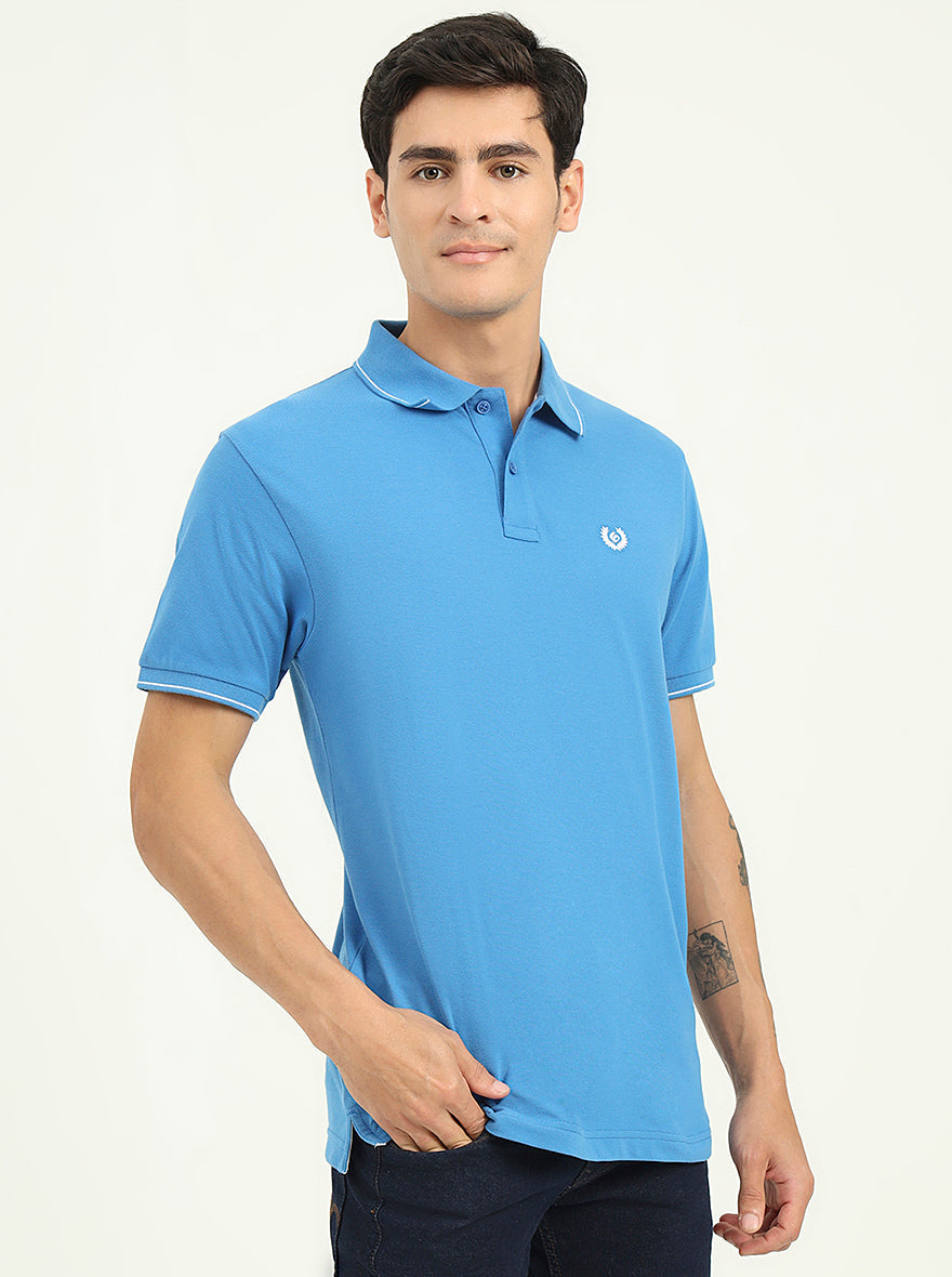 Sea Blue Solid Slim Fit Polo T-Shirt | Greenfibre