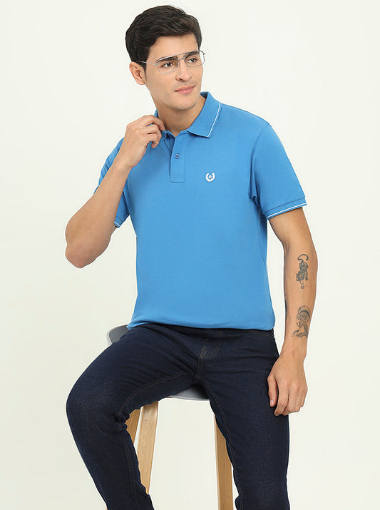 Sea Blue Solid Slim Fit Polo T-Shirt | Greenfibre