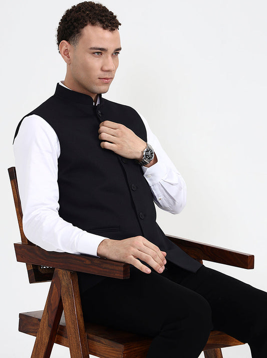 Black Solid Regular Fit Waistcoat | Greenfibre