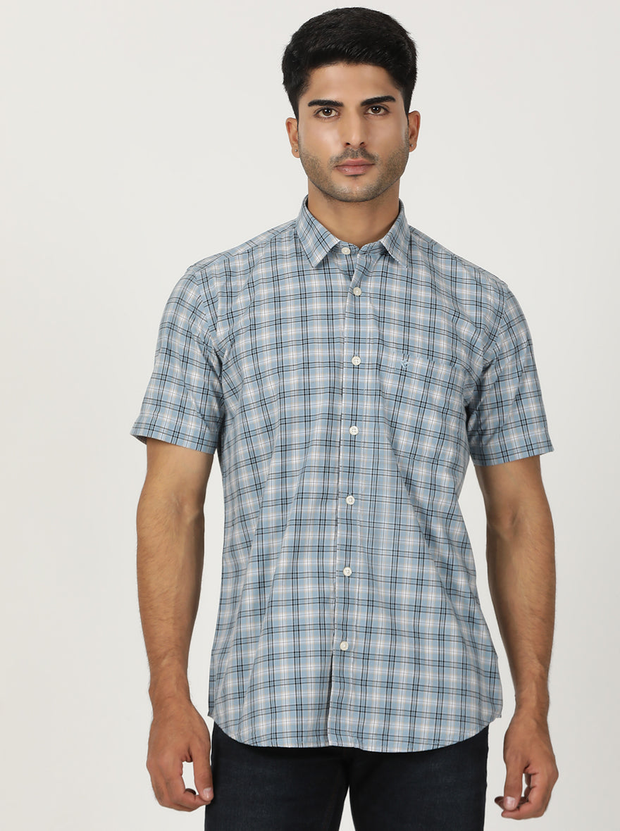 Light Blue Checked Smart Fit Semi Casual Shirt | Greenfibre