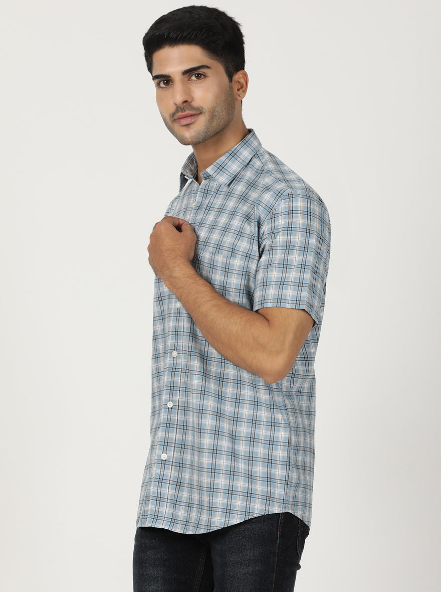 Light Blue Checked Smart Fit Semi Casual Shirt | Greenfibre