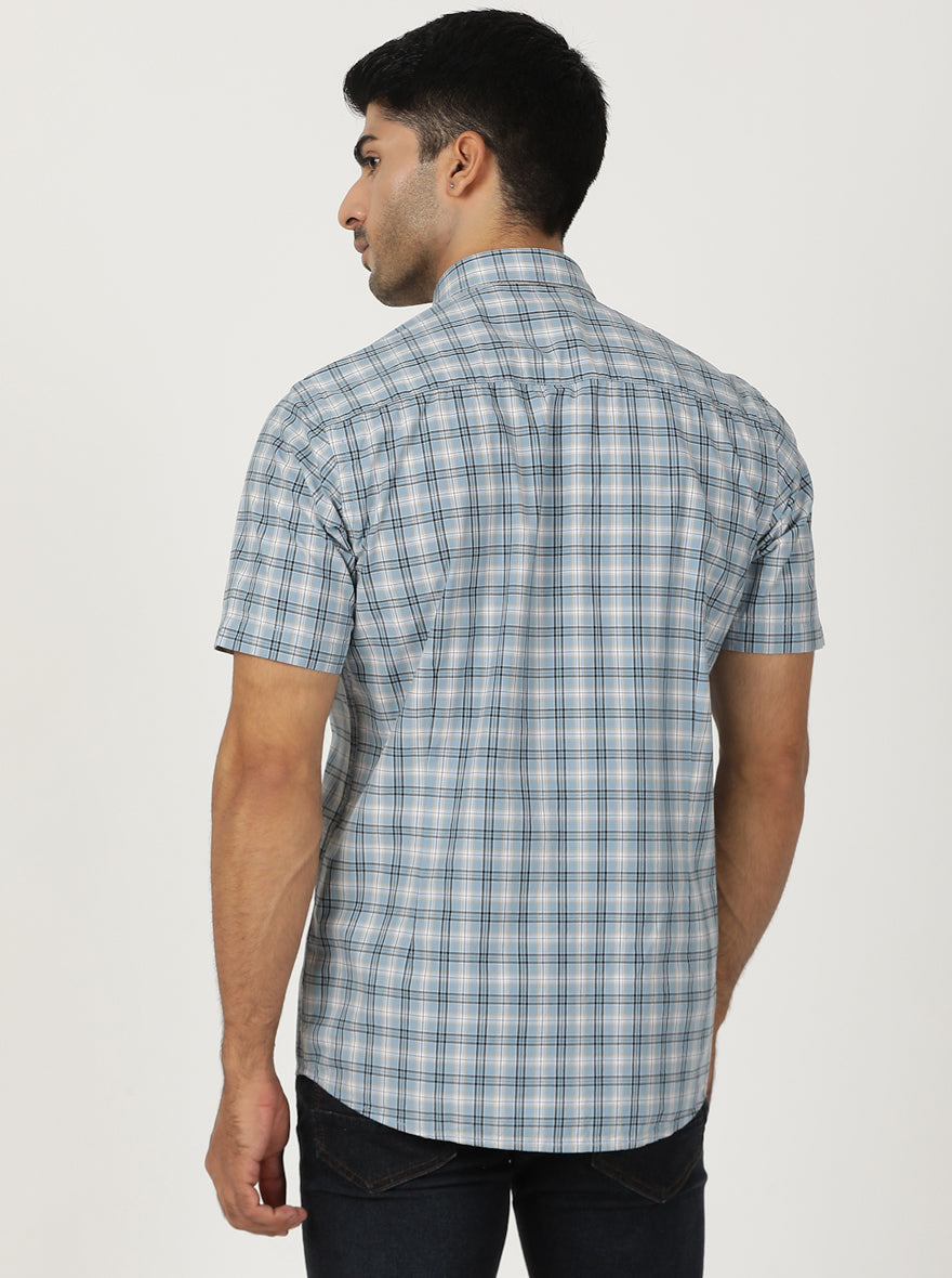Light Blue Checked Smart Fit Semi Casual Shirt | Greenfibre
