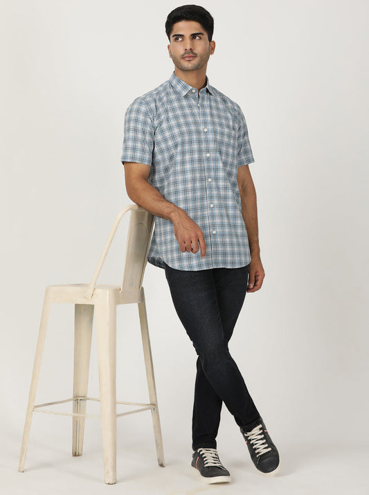 Light Blue Checked Smart Fit Semi Casual Shirt | Greenfibre