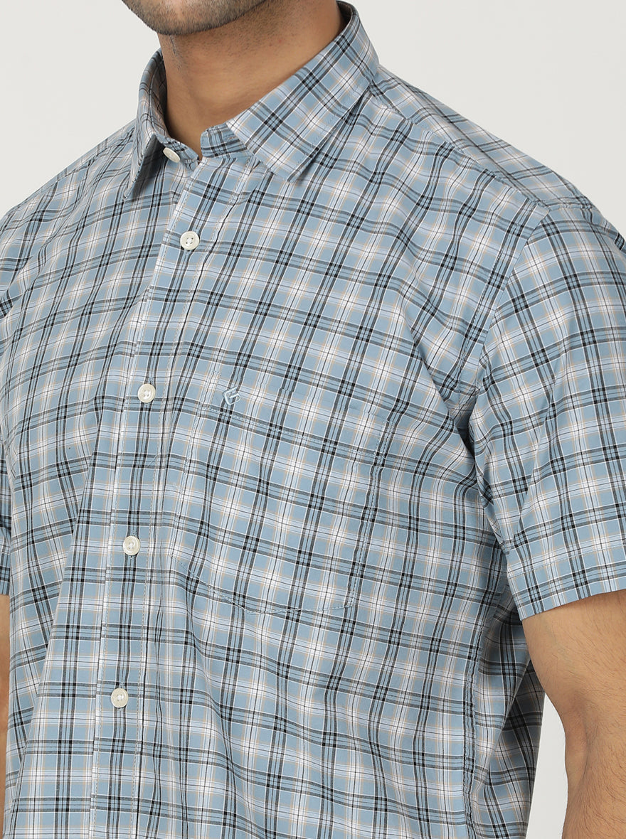 Light Blue Checked Smart Fit Semi Casual Shirt | Greenfibre