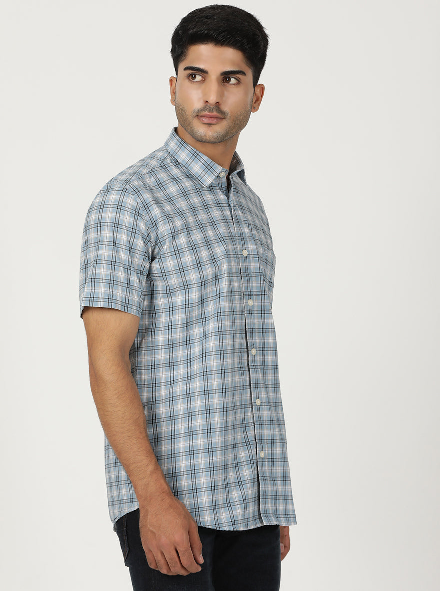 Light Blue Checked Smart Fit Semi Casual Shirt | Greenfibre