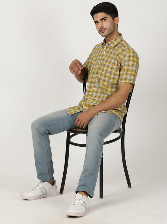 Yellow Checked Smart Fit Semi Casual Shirt | Greenfibre