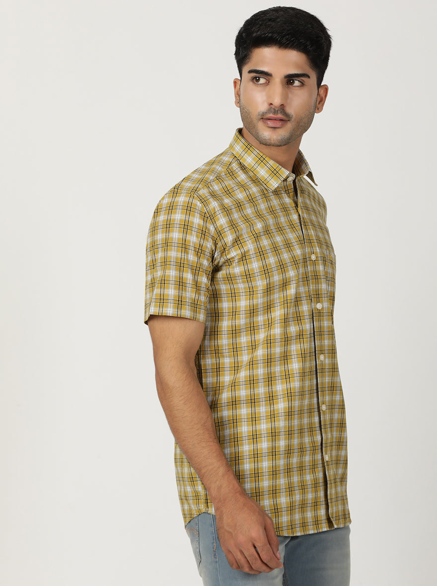 Yellow Checked Smart Fit Semi Casual Shirt | Greenfibre