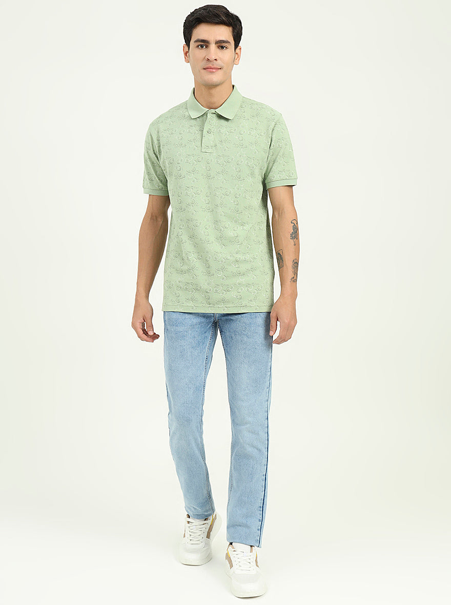 Light Green Printed Slim Fit Polo T-Shirt | Greenfibre