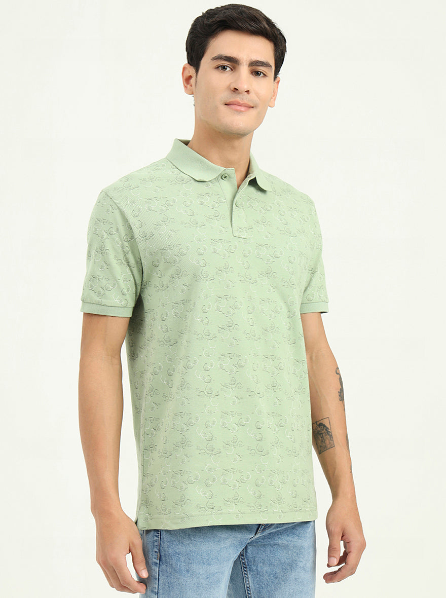 Light Green Printed Slim Fit Polo T-Shirt | Greenfibre