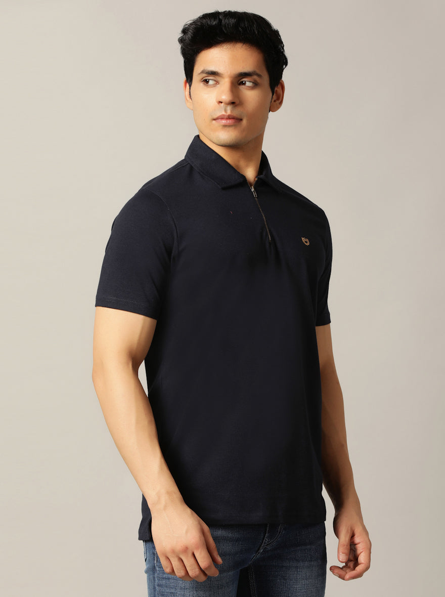 Navy Blue Solid Slim Fit Polo T-Shirt | JadeBlue