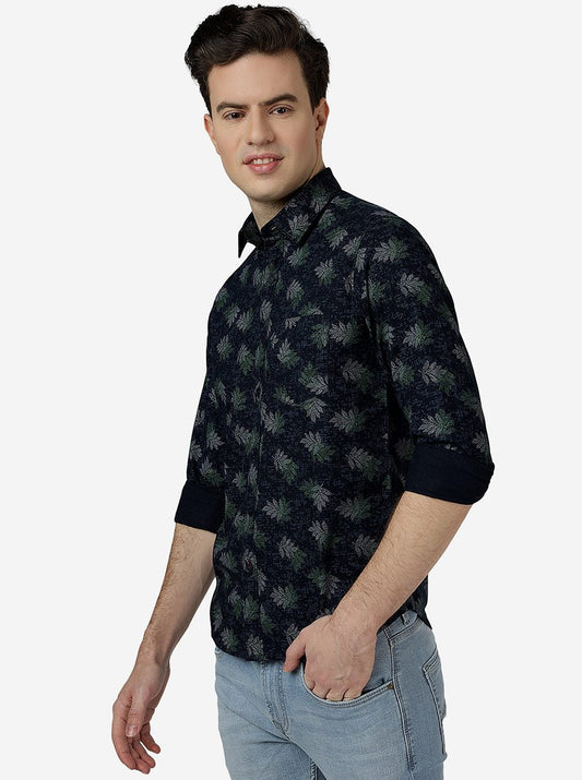 Navy Blue Printed Slim Fit Casual Shirt | Greenfibre