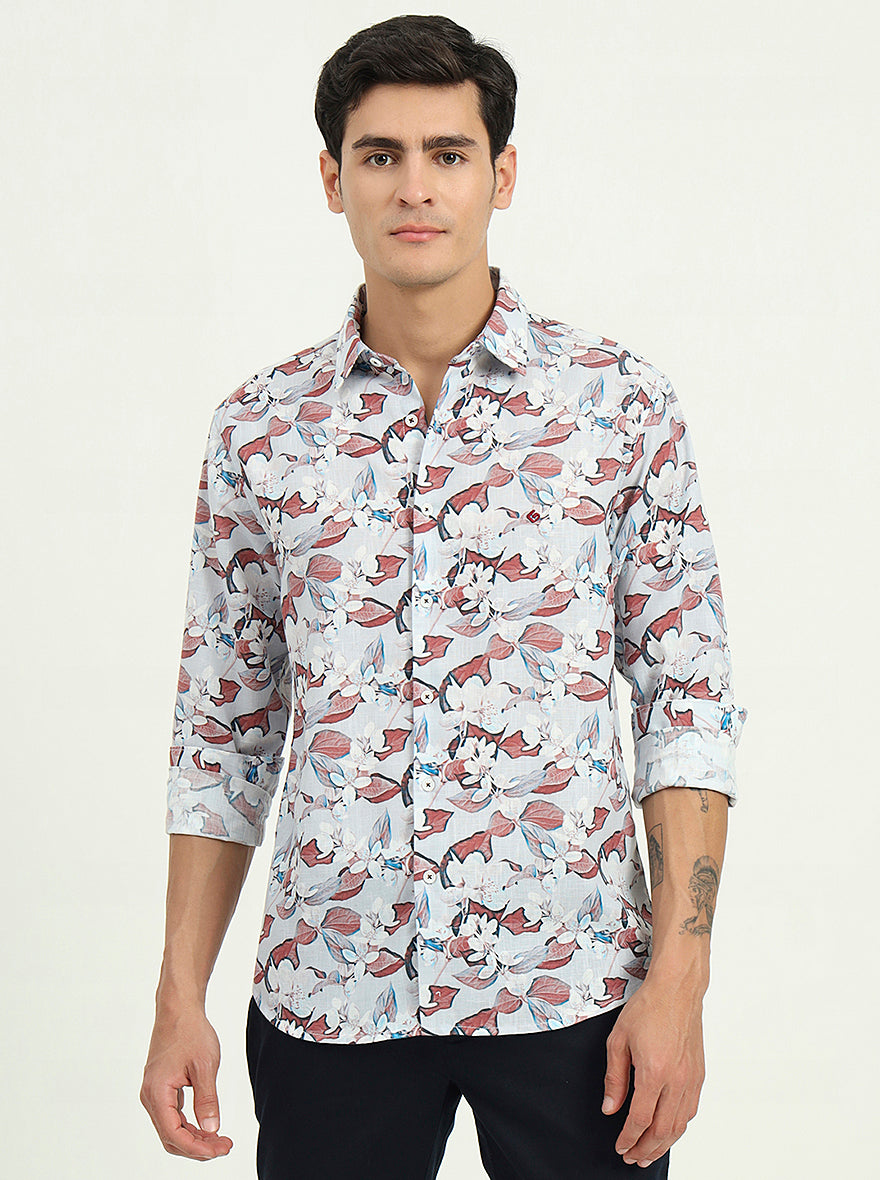 Grey & Brown Printed Slim Fit Casual Shirt | Greenfibre