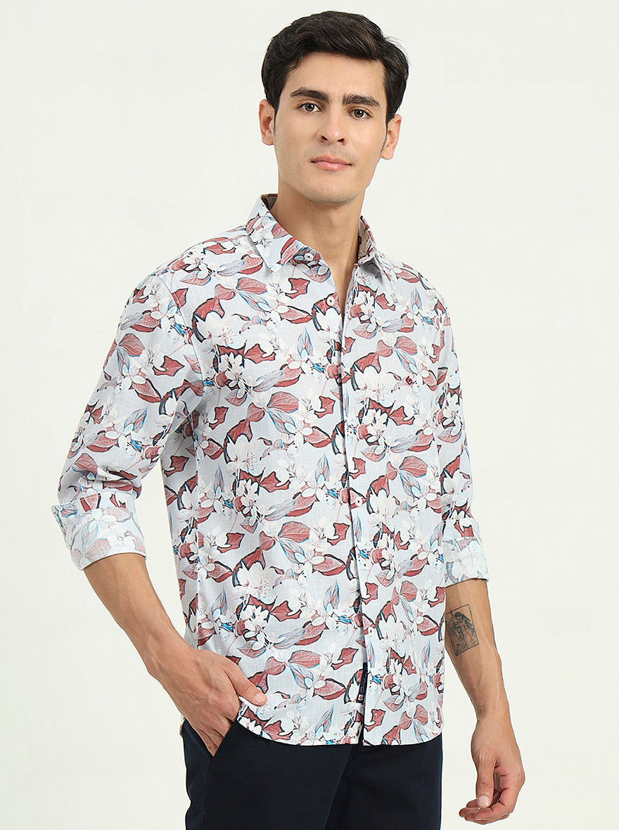 Grey & Brown Printed Slim Fit Casual Shirt | Greenfibre
