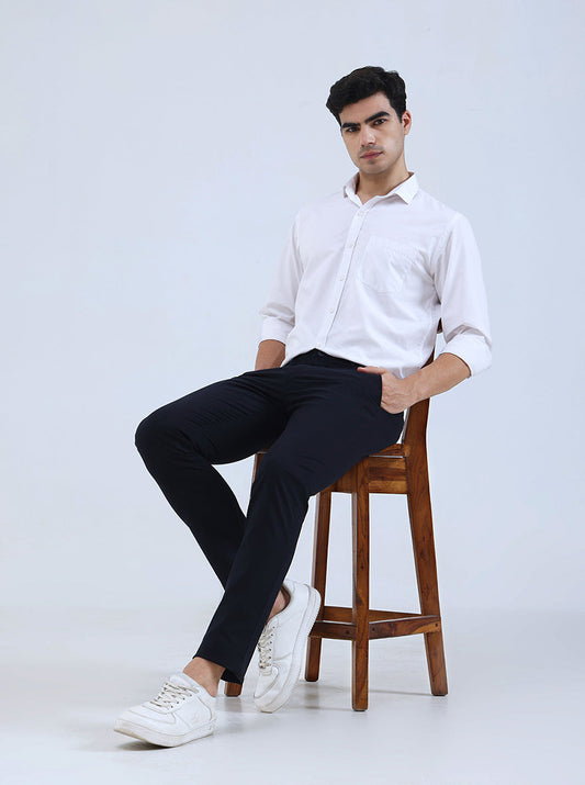Navy Blue Solid Super Slim Fit Casual Trouser | Greenfibre