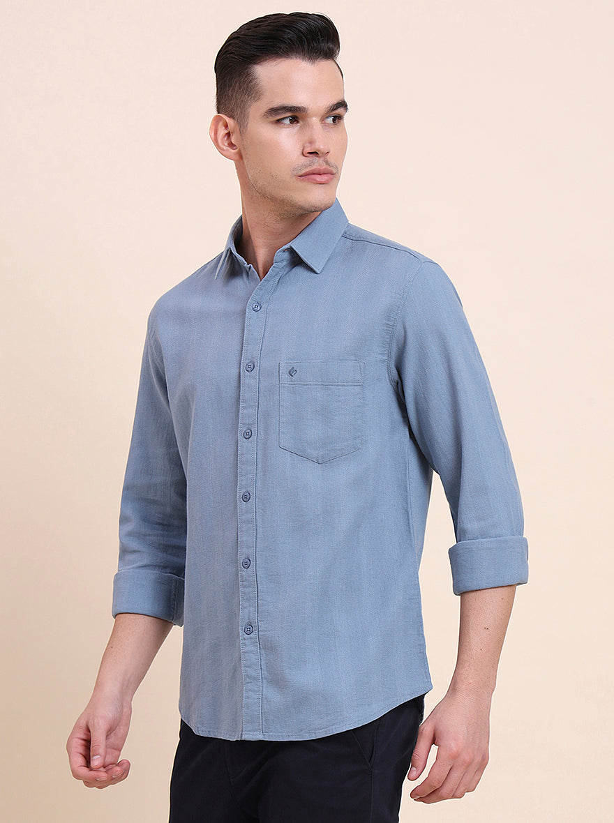 Steel Blue Solid Slim Fit Casual Shirt | Greenfibre