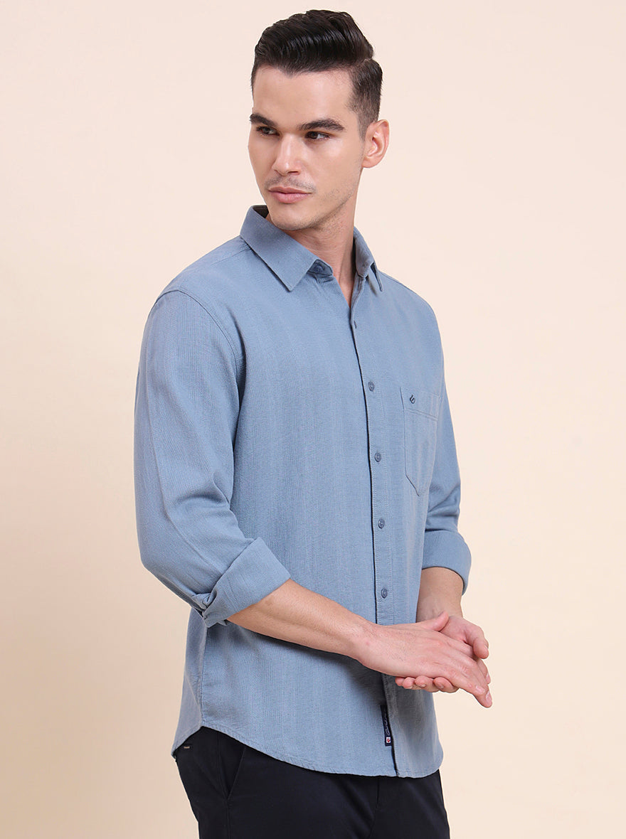 Steel Blue Solid Slim Fit Casual Shirt | Greenfibre