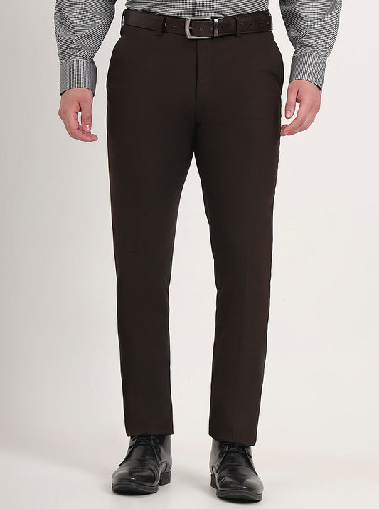 Brown Solid Slim Fit Formal Trouser | Greenfibre