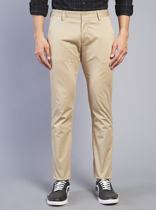 Beige Solid Super Slim Fit Casual Trouser | Greenfibre