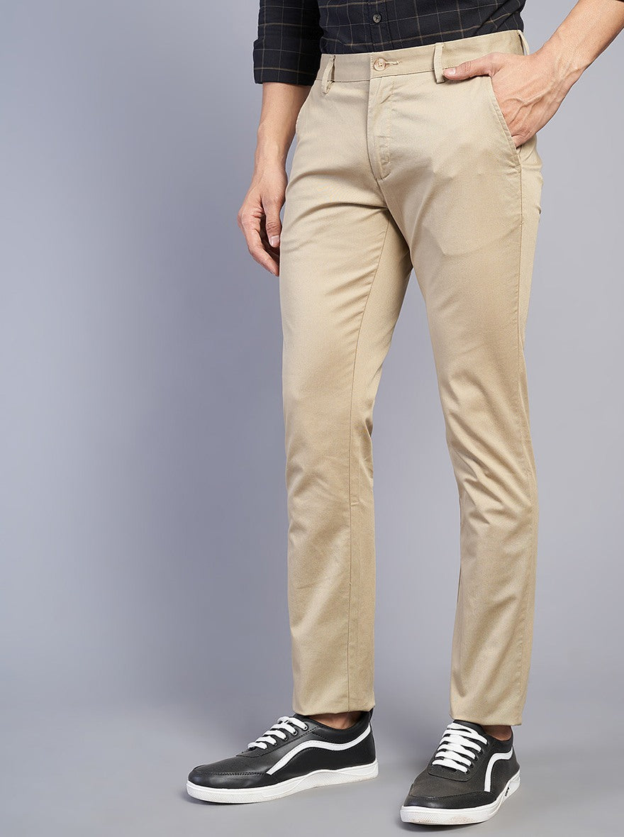 Beige Solid Super Slim Fit Casual Trouser | Greenfibre