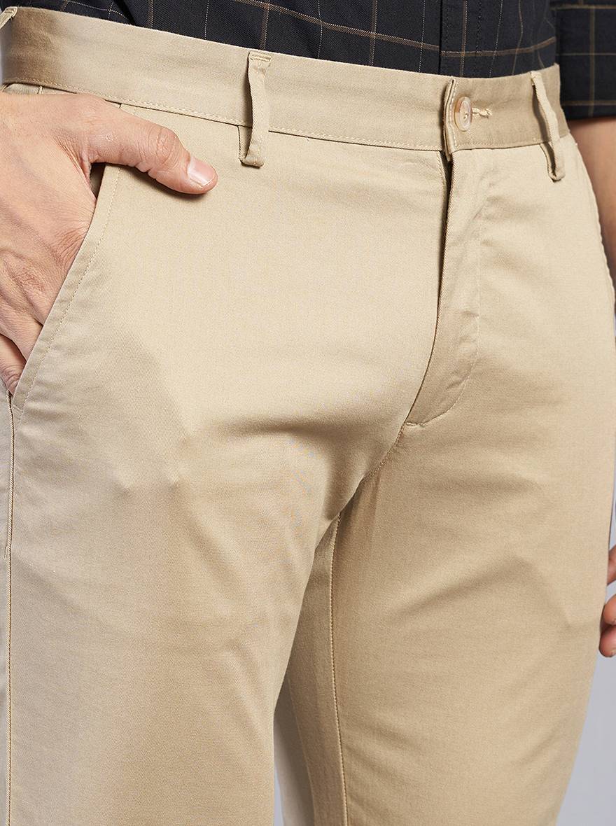 Beige Solid Super Slim Fit Casual Trouser | Greenfibre