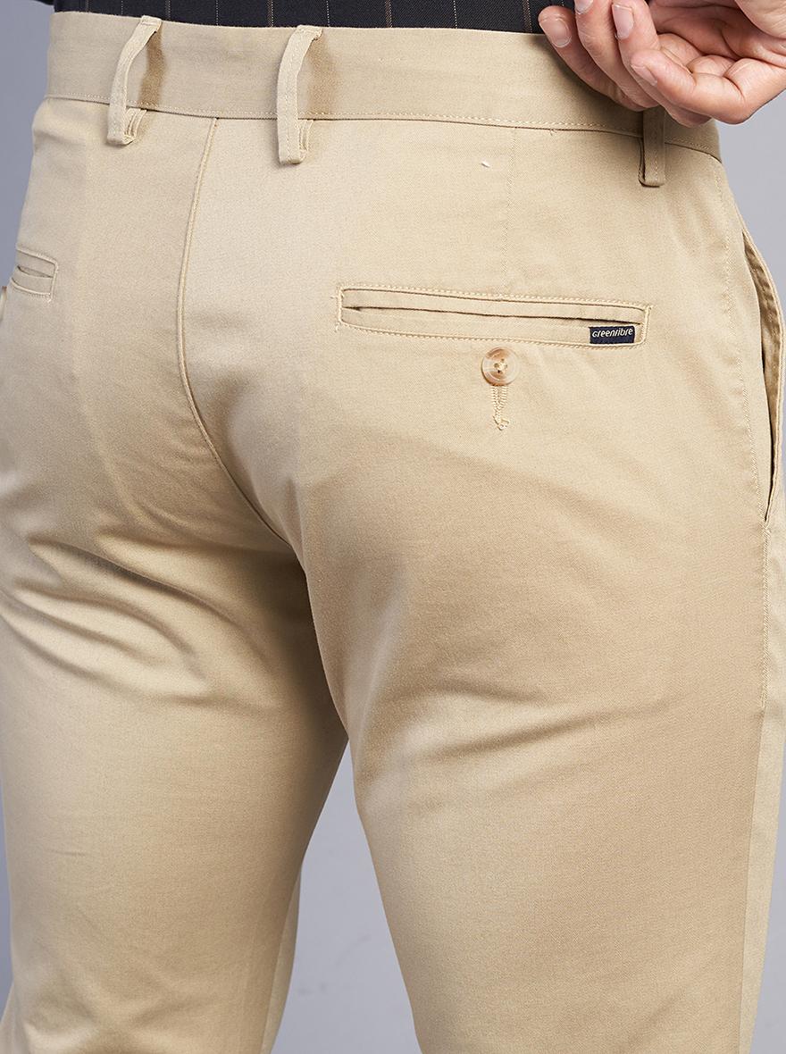 Beige Solid Super Slim Fit Casual Trouser | Greenfibre