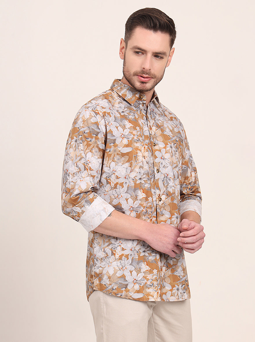 Yellow Printed Slim Fit Casual Shirt | JadeBlue