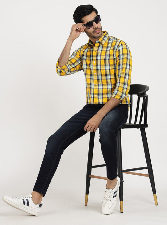 Yellow Checked Slim Fit Casual Shirt | Greenfibre
