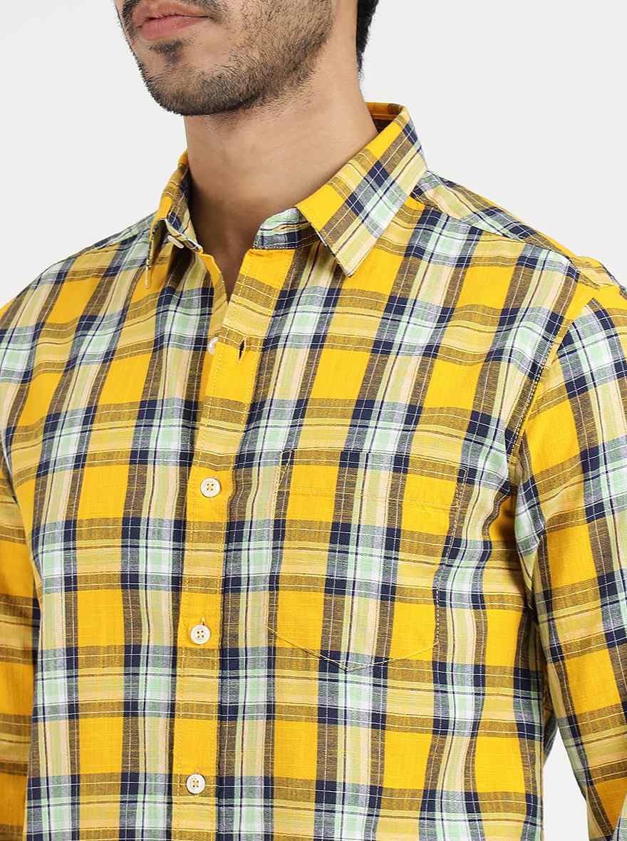 Yellow Checked Slim Fit Casual Shirt | Greenfibre