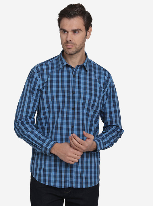 Sky Blue & Dark Blue Checked Regular Fit Casual Shirt | Greenfibre