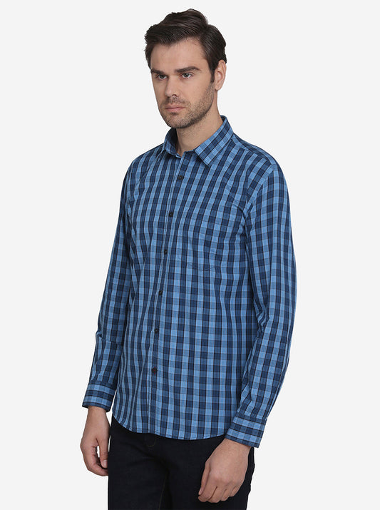 Sky Blue & Dark Blue Checked Regular Fit Casual Shirt | Greenfibre