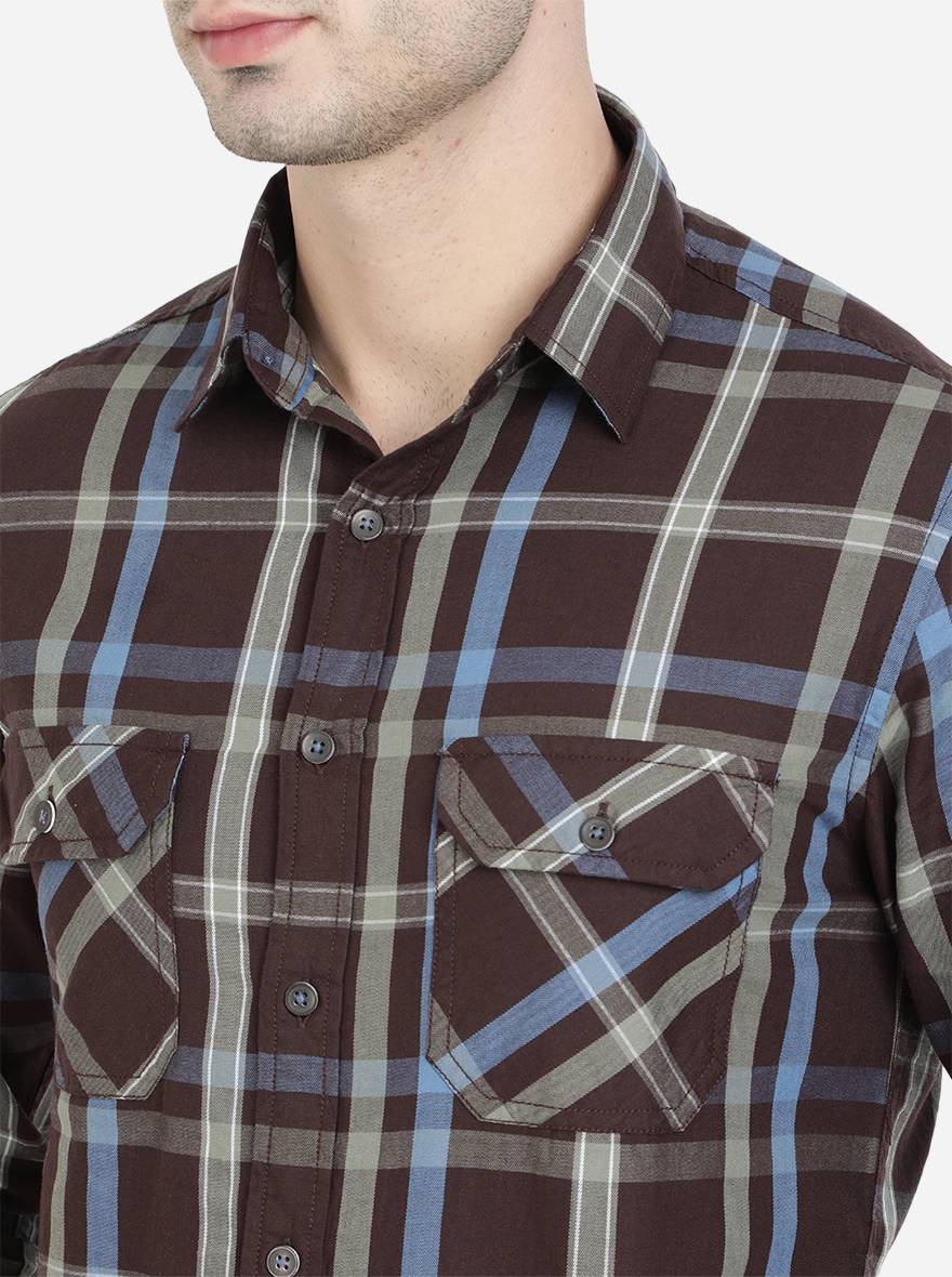 Brown Checked Slim Fit Semi Casual Shirt | Greenfibre