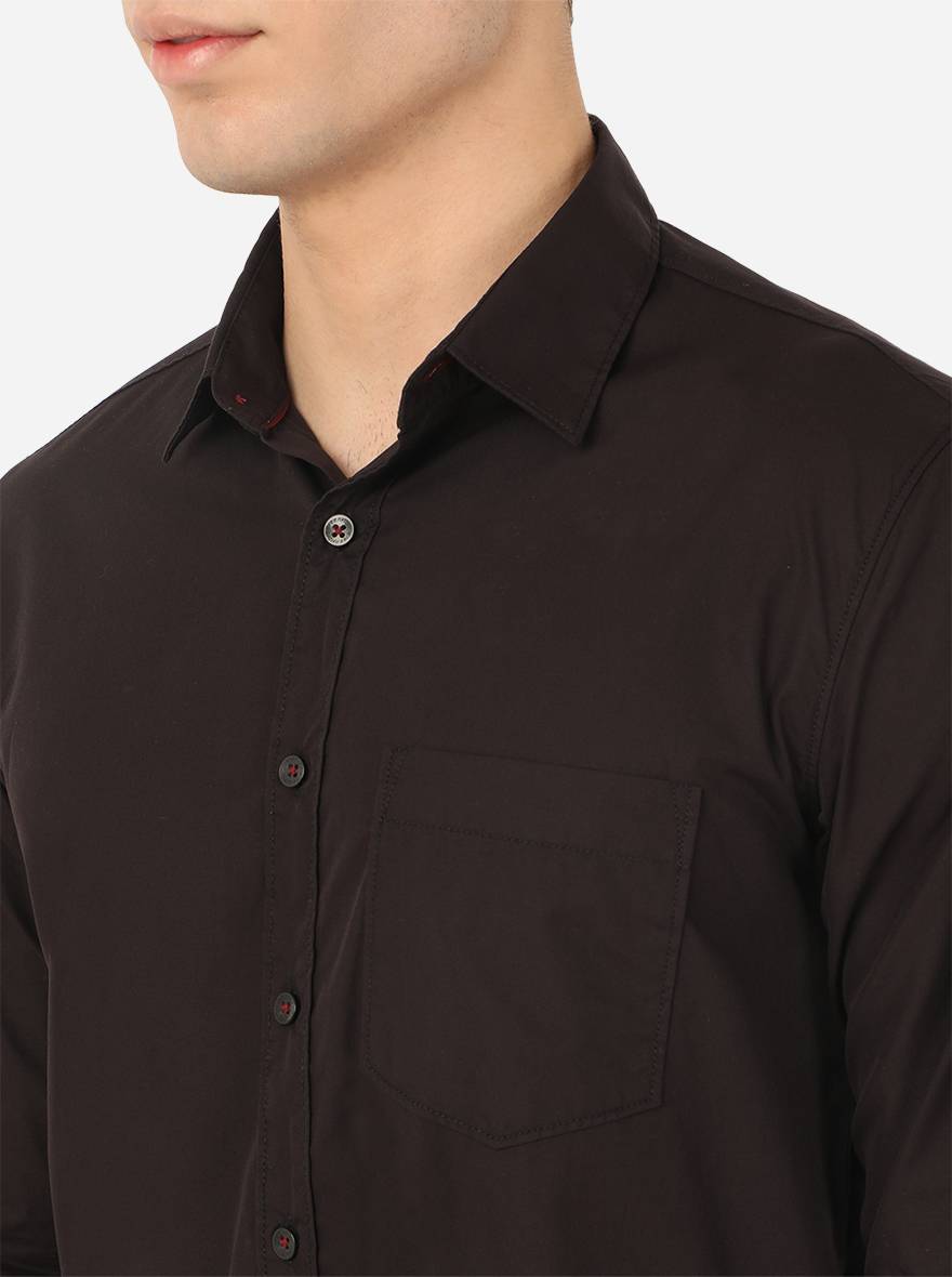Jet Black Solid Slim Fit Semi Casual Shirt | Greenfibre