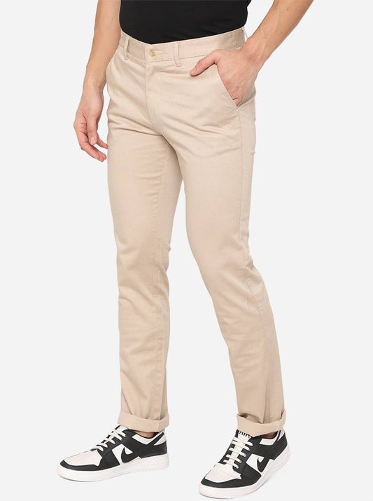 Beige Solid Slim Fit Casual Trouser | Greenfibre