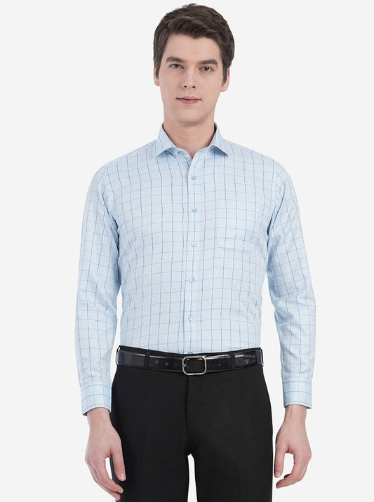Sky Blue Checked Slim Fit Formal Shirt | Greenfibre