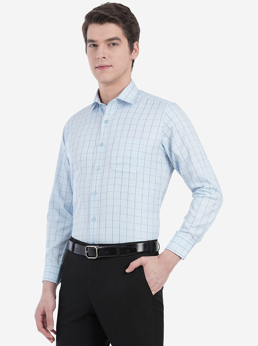 Sky Blue Checked Slim Fit Formal Shirt | Greenfibre