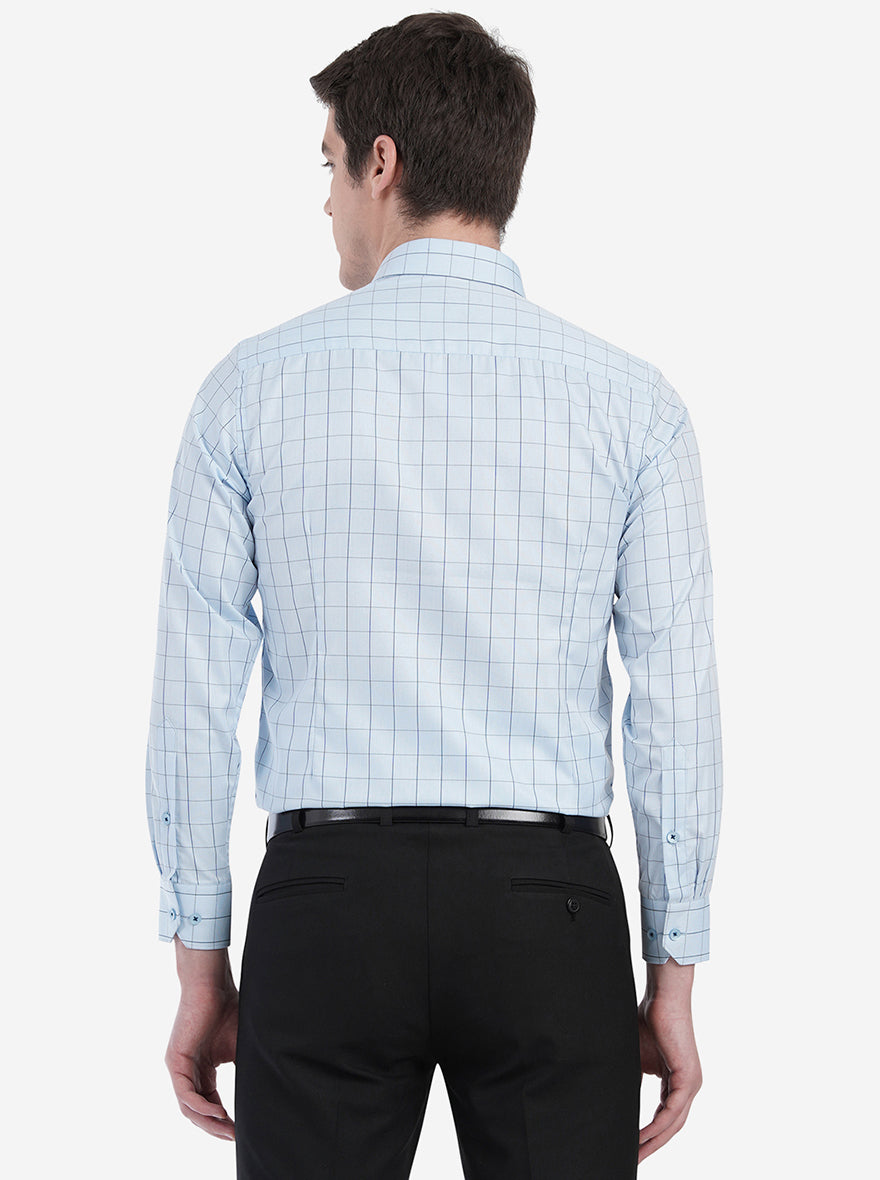 Sky Blue Checked Slim Fit Formal Shirt | Greenfibre