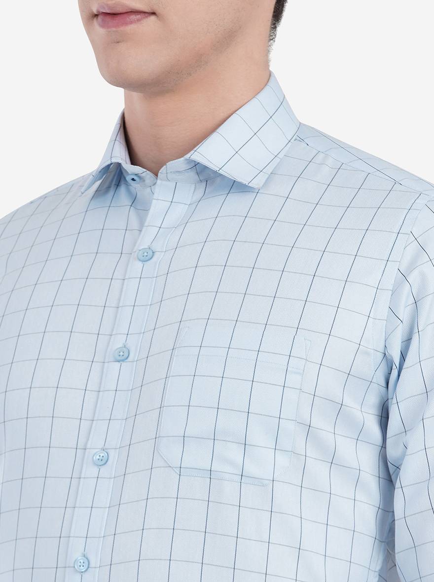 Sky Blue Checked Slim Fit Formal Shirt | Greenfibre