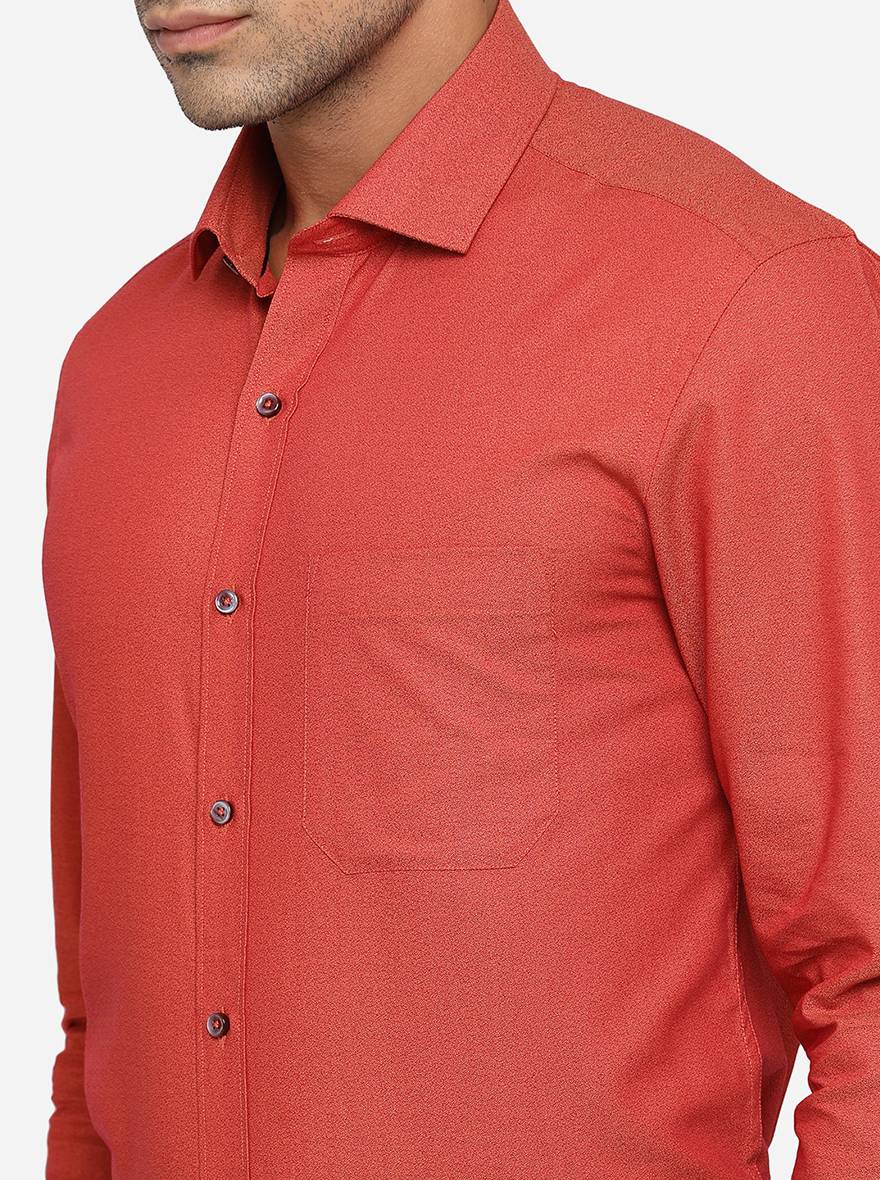Coral Orange Solid Slim Fit Formal Shirt | Greenfibre