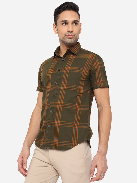 Mahendi Green Checked Slim Fit Semi Casual Shirt | Greenfibre