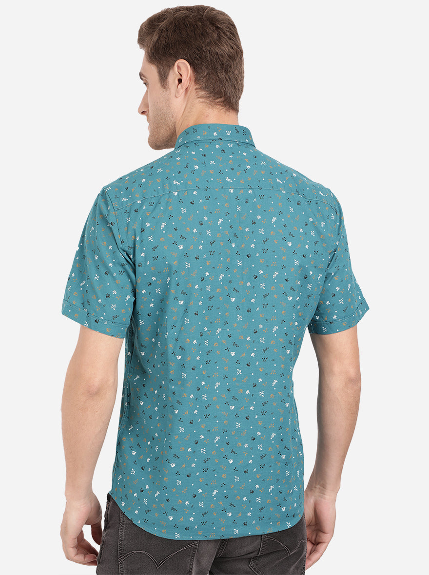 Teal Blue Printed Slim Fit Casual Shirt | Greenfibre