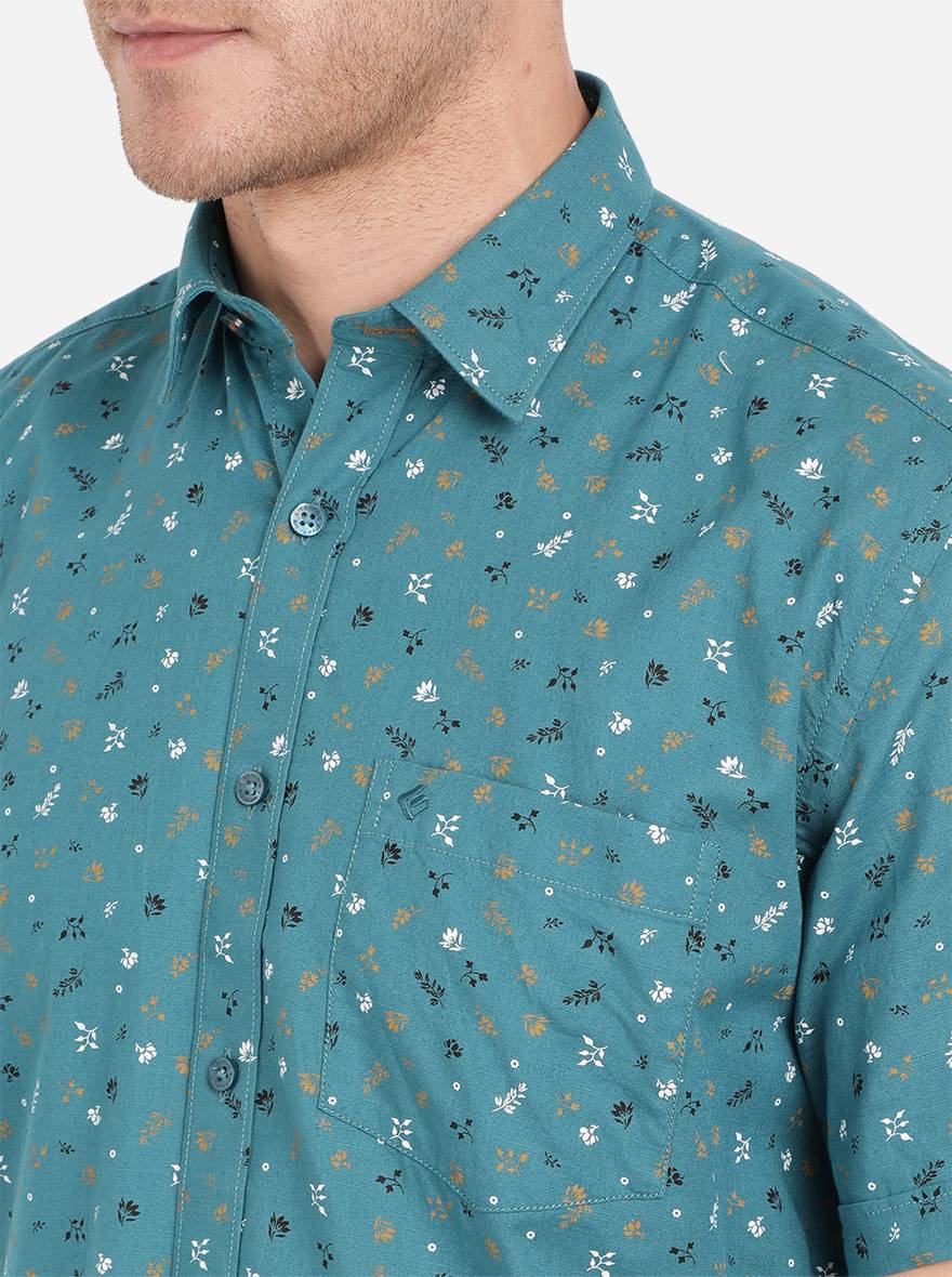 Teal Blue Printed Slim Fit Casual Shirt | Greenfibre