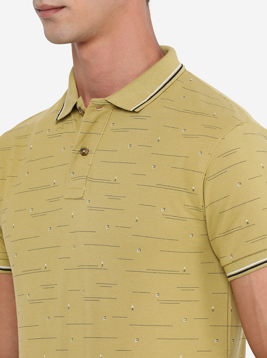 Golden Yellow Printed Slim Fit Polo T-Shirt | Greenfibre