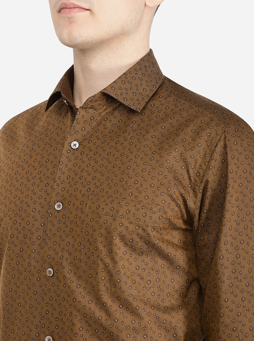 Khaki Printed Slim Fit Formal Shirt | Greenfibre