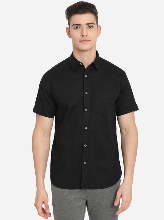 Jet Black Solid Slim Fit Semi Casual Shirt | Greenfibre